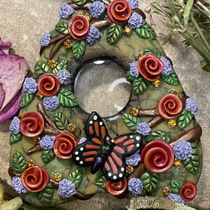Ouija Board Planchet--Antique Gold, Hand-sculpted with red spiral roses, purple flowers, monarch butterfly, with a real glass lense.