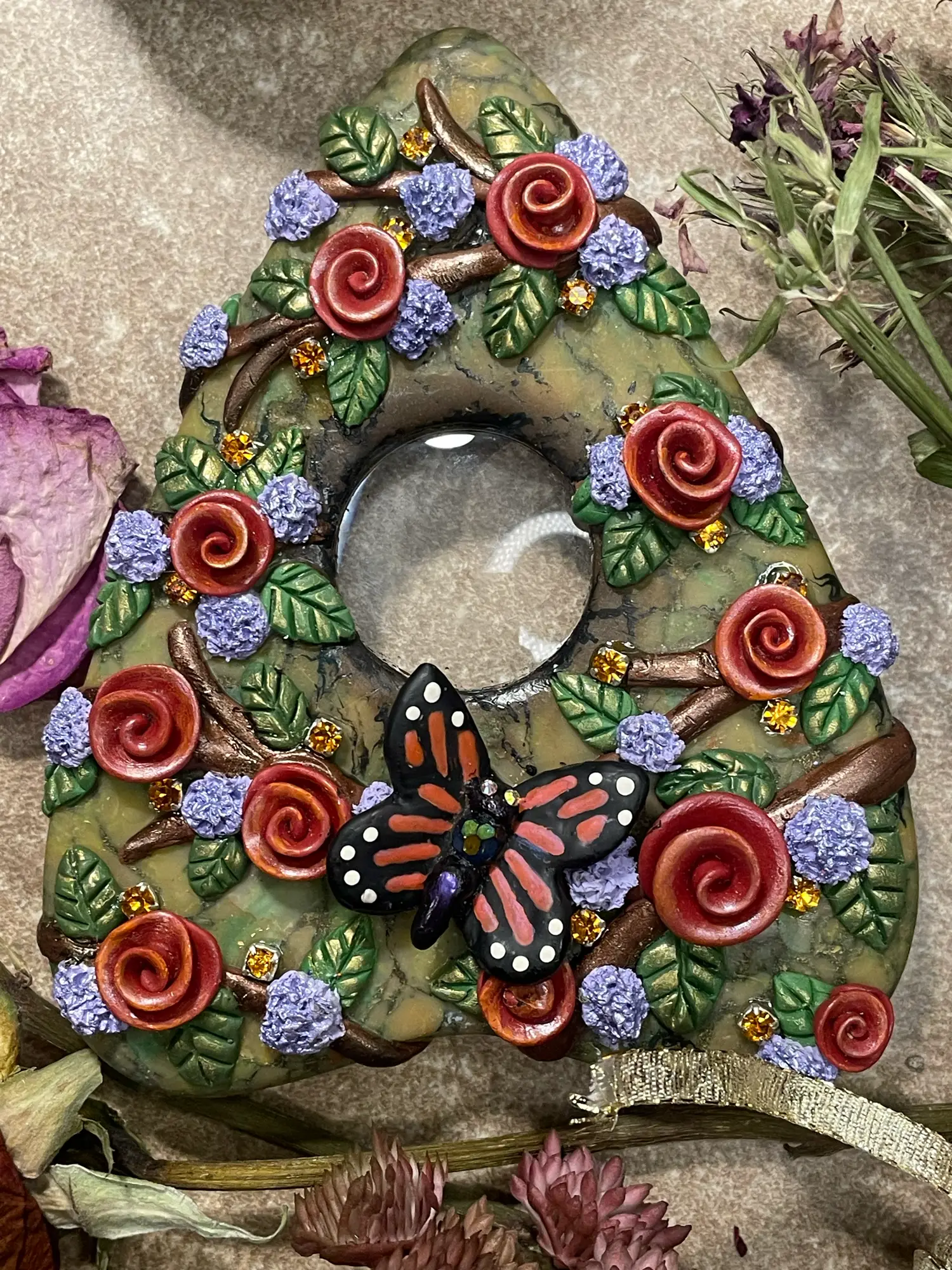 Ouija Board Planchet--Antique Gold, Hand-sculpted with red spiral roses, purple flowers, monarch butterfly, with a real glass lense.